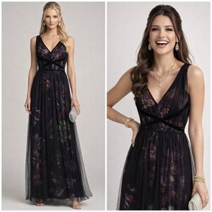 NWT CHIARA BONI LA PETITE ROBE Nachelle Floral Print Tulle Overlay Layered Gown